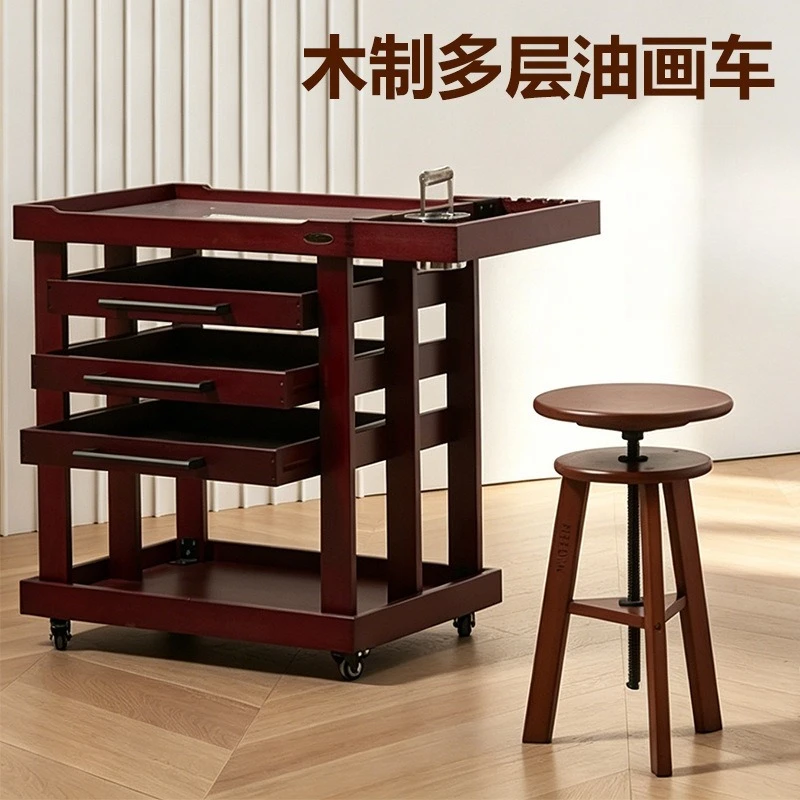 Wooden oil painting cart Five-layer oil painting Mobile cart Drawer easel Wooden