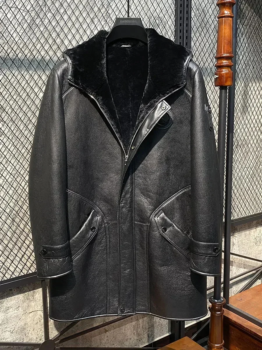 Genuine Leather Men's Winter Coat Long Real Fur Sheepskin One Jacket Men Black Hooded Novidades 2025 FCY