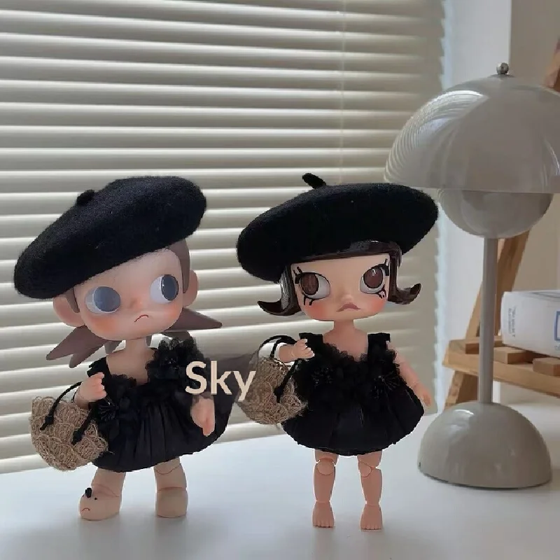 

1/8 Scale Bjd Doll Clothes Black Lace Puffy Dress With Beret Straw Woven Handbag For Zsiga Molly Articulated Action Figure