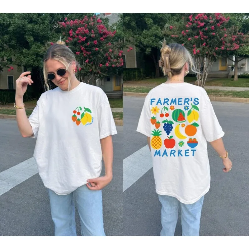 Letter Strawberry Print Double Sided T-Shirt Vintage Summer Fruit Print Tee Casual Loose Fit Short Sleeve Tops for Women