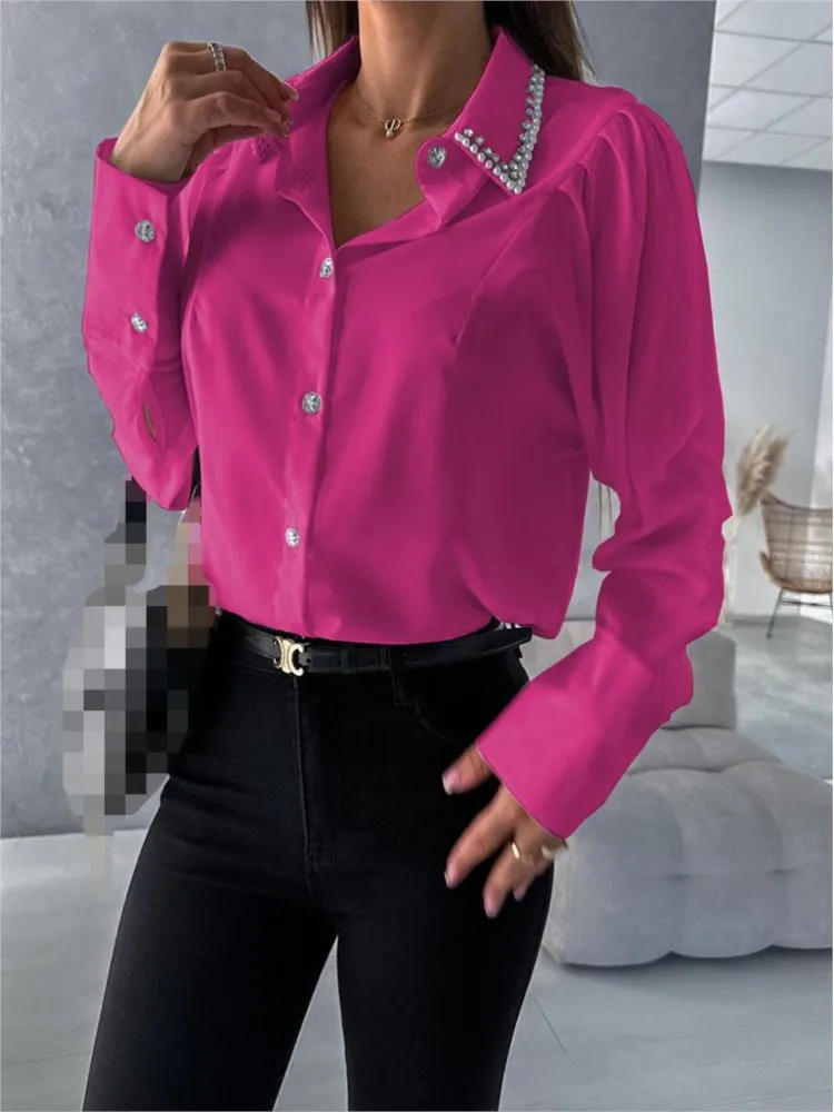 

2024 Women's Spring Summer New Fashionable Diamond Set Loose Long Sleeve Single Row Button Shirt For Women