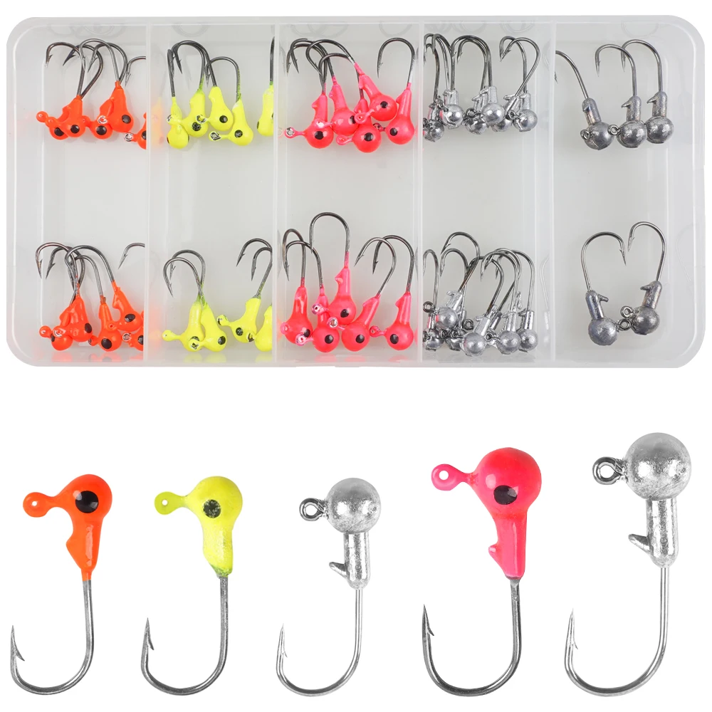 

50Pcs Crank Jig Head Hook Sharp Barbed Fishing Hook Round Ball Head Fishing Jigs Lures Crappie Jig Heads for Bass Trout