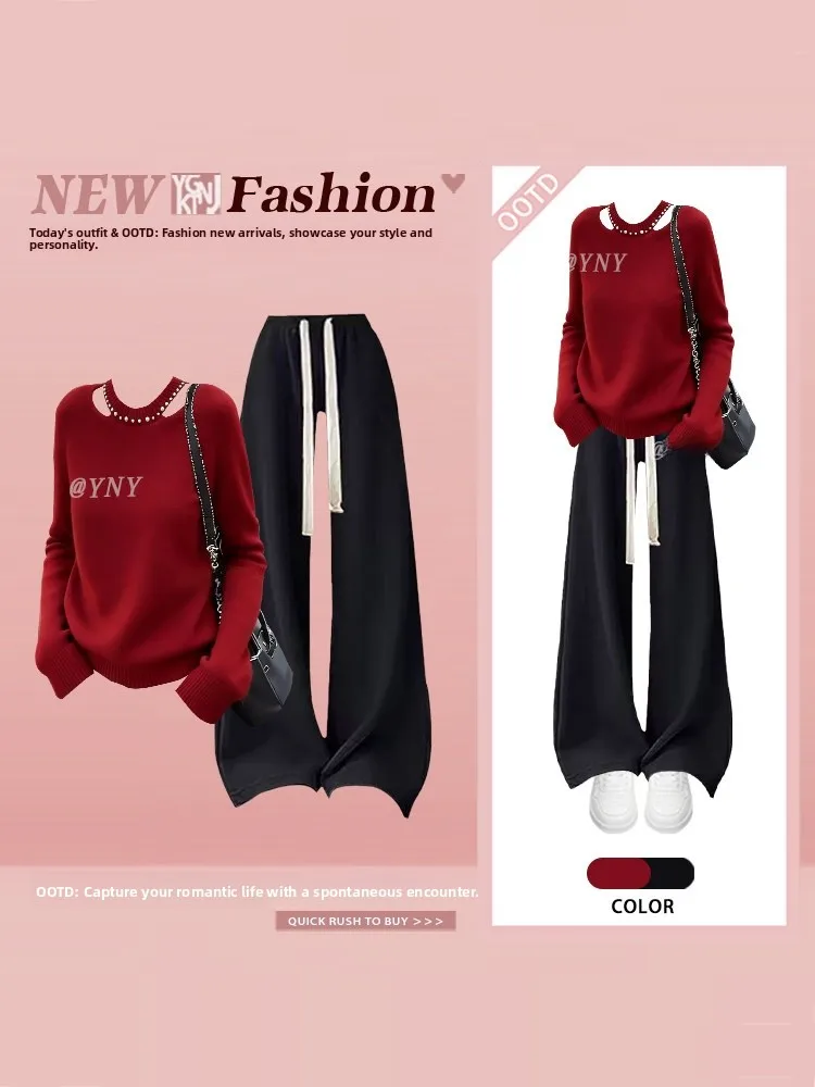 

Ретро-комплект в гонконгском стиле: красный свитер и брюки с высокой талией и широкими штанинами для женщин. Зимний модный комплект для создания стройного и непринужденного образа. Новогодняя атмосфера.