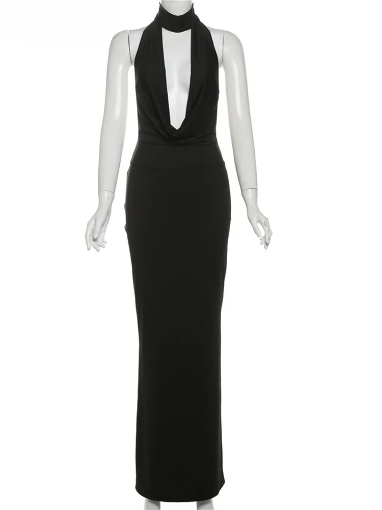 Vestido Halter hueco para mujer, cuello bajo, espalda descubierta, Sexy, sin mangas, aberturas, tendencia, banquete de medianoche, ceñido largo coqueteo