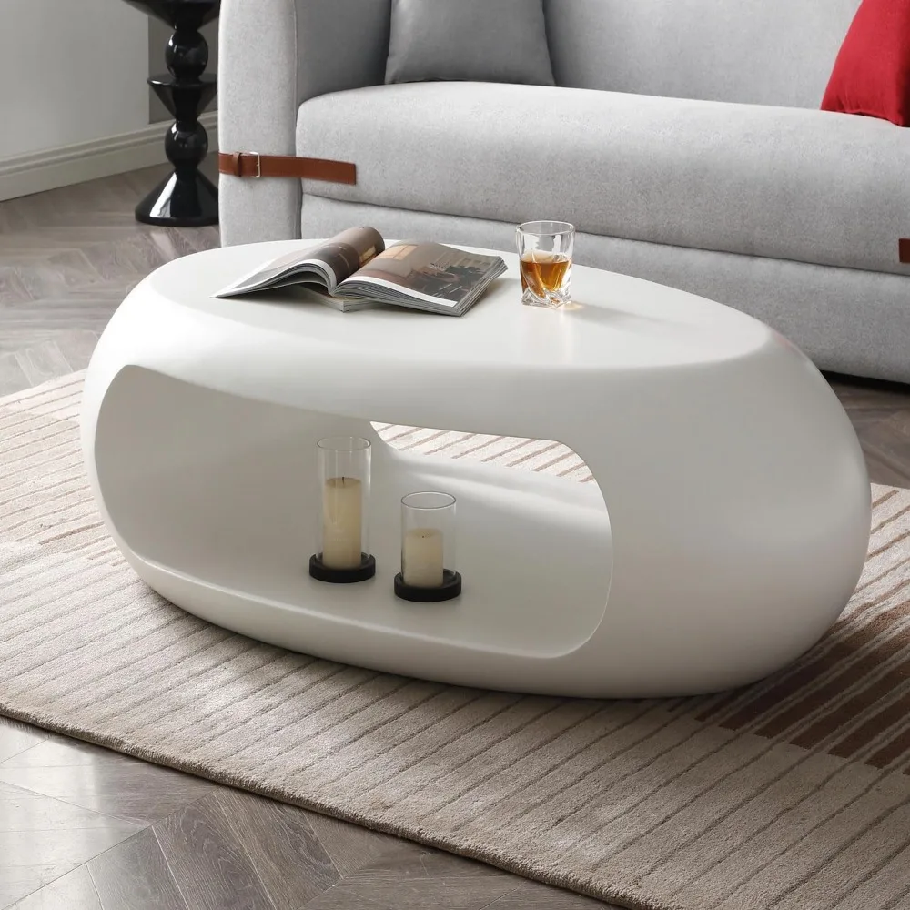 

39.37” Oval Coffee Table, Modern Sturdy Fiberglass Coffee Table with Storage Shelf, 2-Tier Center Cocktail Table for Living Room