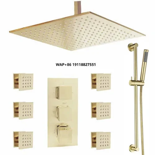 Luxury Brushed Gold 16 Inches Ceiling Thermostatic Shower Head Set