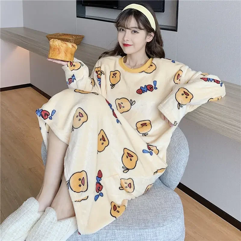 Coral Velvet Nightgown Women Autumn and Winter Thickened Flannel Cartoon Pajamas Raw Mid-Length Nightgown Long-Sleevedwomen