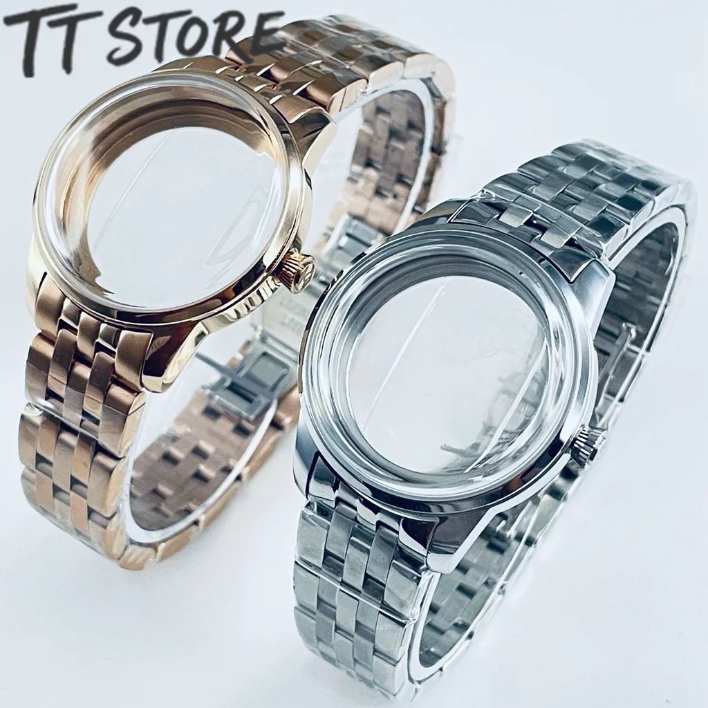Stainless Steel Watch Case 33MM with Arch Glass Transparent Backcover Silver Rose for NH35 NH38 Movement Watch Accessories