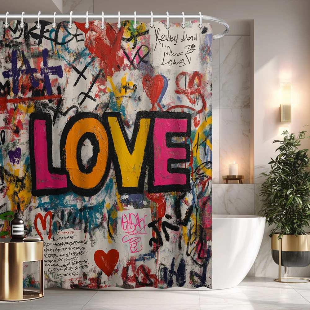 

2D Flat, 2D Flat, 1pc 2D Flat Love Colorful Graffiti Pattern Shower Curtain Polyester Fabric Bathroom Decor Tub Divider Hanging