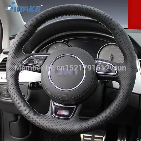 

For Audi S8 High Quality Hand-stitched Anti-Slip Black Leather Red Thread DIY Steering Wheel Cover