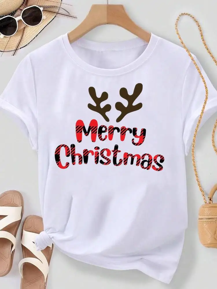 

Trendy Christmas Happy Clothing Top T-shirt Holiday Printed Fashion New Year Women's T-shirt Clothing Pattern T-shirt