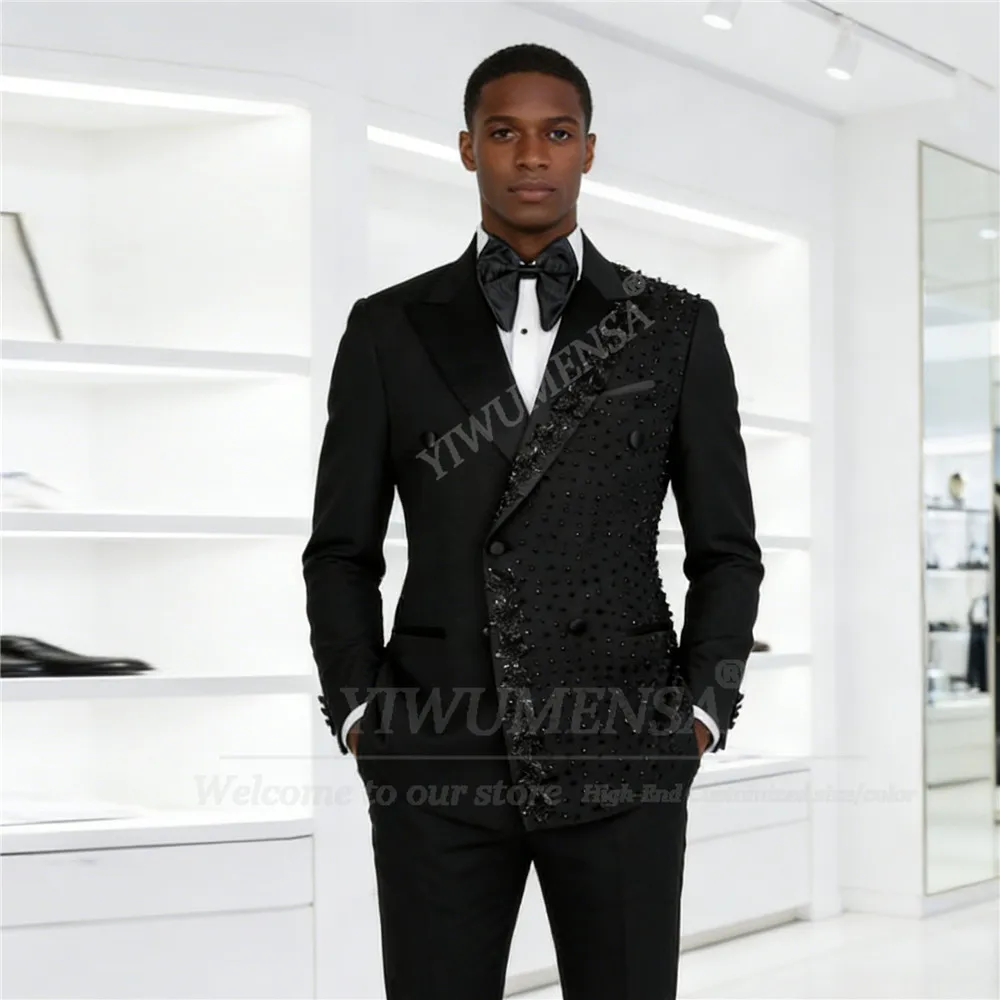 

Мужские костюмы с бисерной отделкой из черного жемчуга для свадьбы, двубортный пиджак и брюки, комплект из 2 предметов, смокинг для жениха, модная мужская одежда