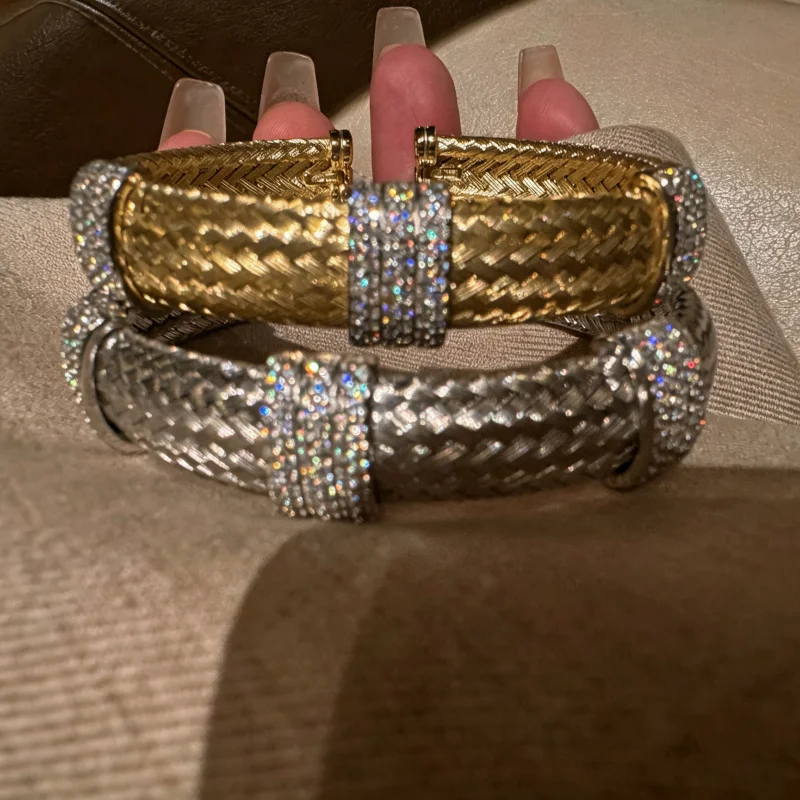Bellux Italian style hand woven texture design synthetic zircon bracelet s925 silver plated 18K vintage open bangle
