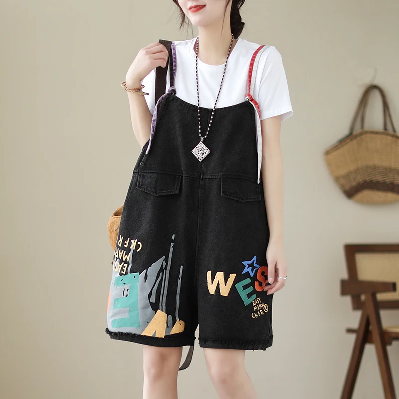 Macacão de camisola jeans com estampa de graffiti personalizado para mulheres no verão calças soltas de cinco quartos de grandes dimensões macacões de emagrecimento