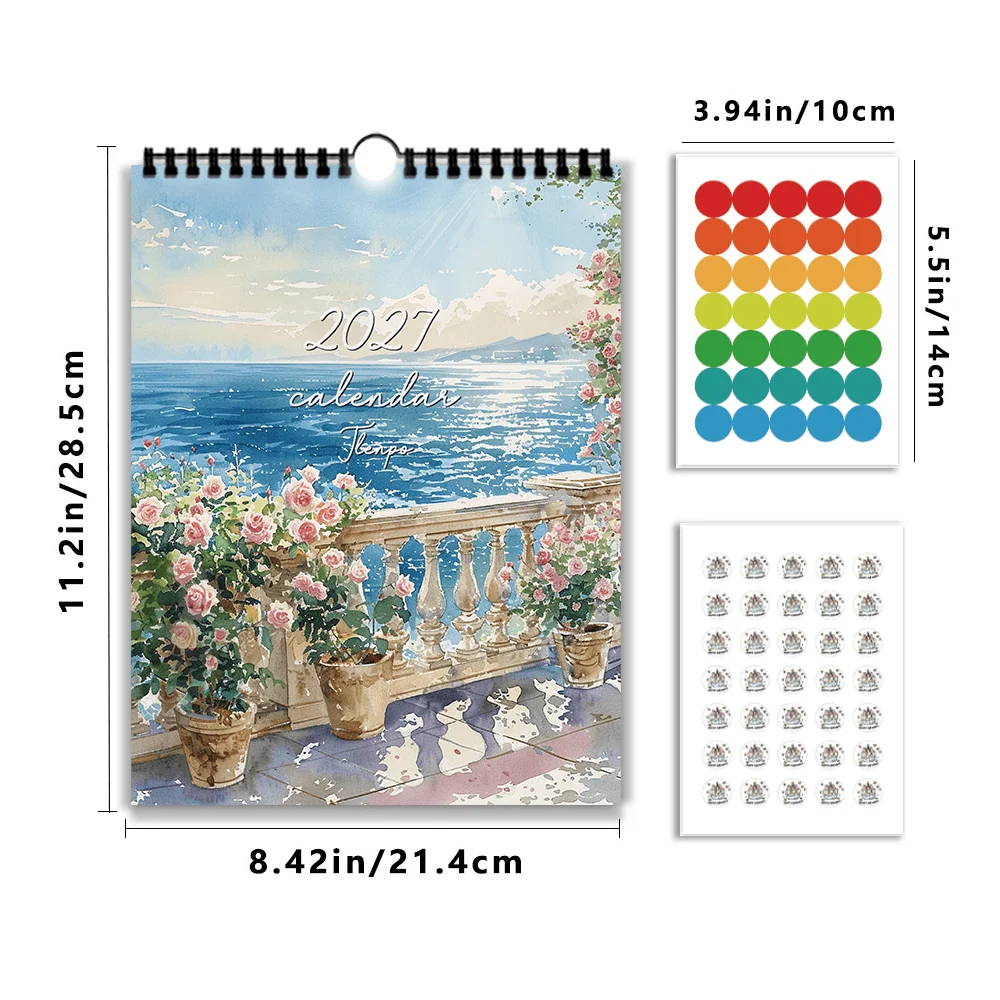 1 unidad, calendario de pared 2027, diseño artístico con motivos de terraza junto al mar, planificador de 12 meses para la decoración del hogar o la oficina, regalo de Navidad y Año Nuevo con pegatinas.