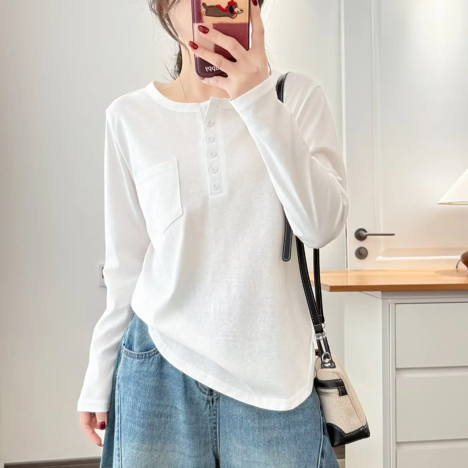 

Женская футболка больших размеров XXXXL, модная, весна 2026, новая, с полуоткрытым воротником, длинными рукавами, хлопковый пуловер, топ 764