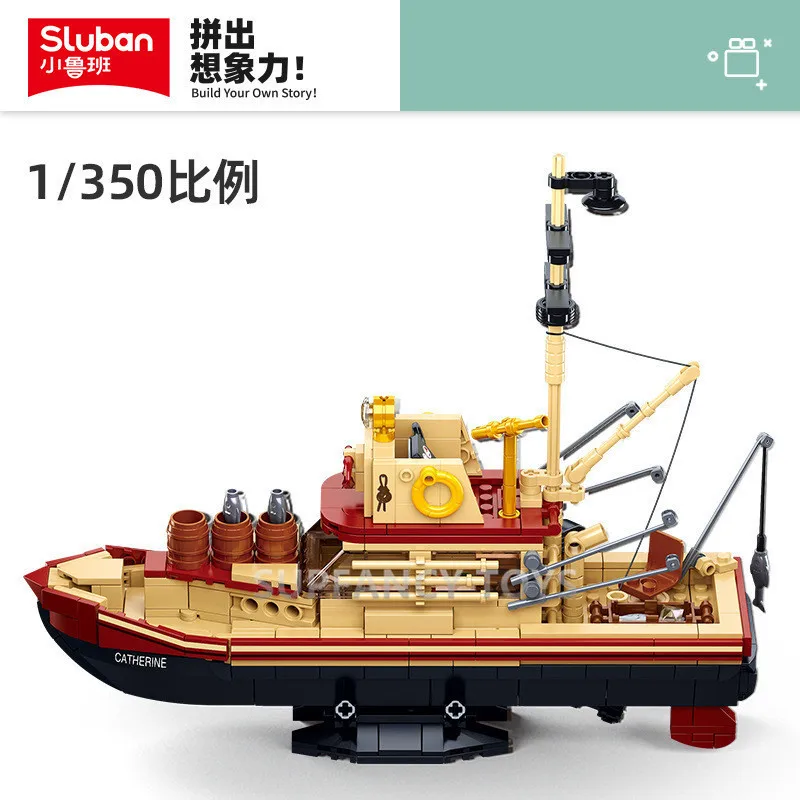 City Fishing Boat Vessel Trawlboat Model Building Blocks Set Pirate Ship Sea Fisher White Shark Figures MOC Toys With Stickers