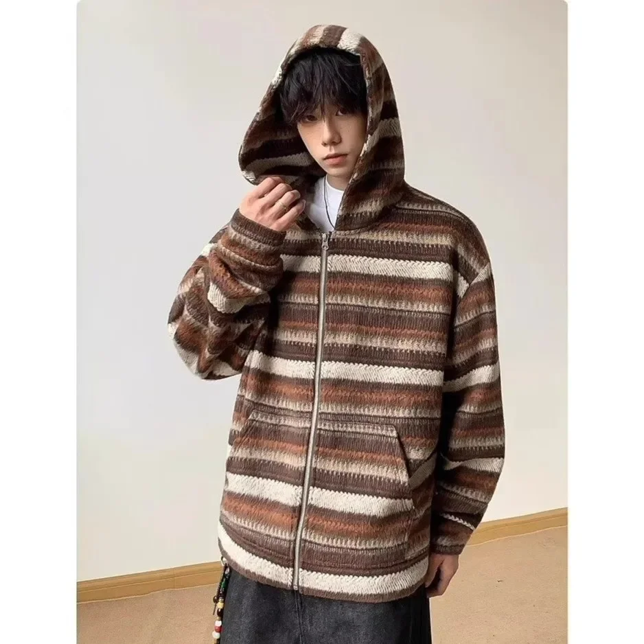 American Style Vintage New Fashion Men Color-coded Brown Black Grey Striped Long Sleeve Zipper Sweatshirt Cardigans Male Coats