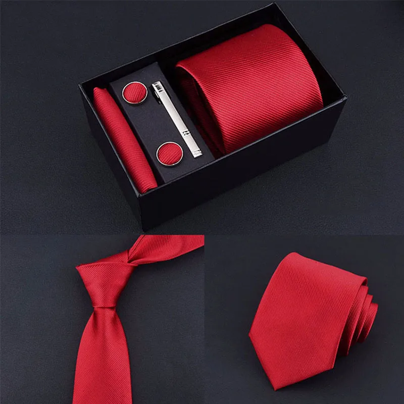 Fashion Elegant Suit Men\'s Necktie Gift Box Set Luxury Solid Color Thread Tie Handchief Cufflinks Tie Clip 4Piece Business Party