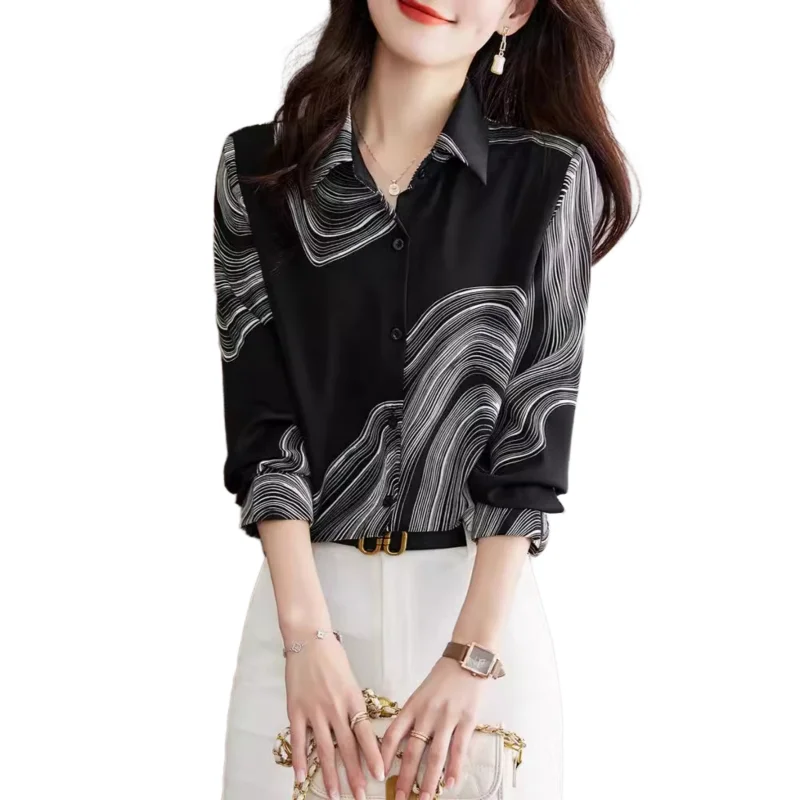 Women's Spring Autumn Western-style Shirt Printed Chiffon Shirt Black White Shirt Design Niche Fashion Shirt Long-sleeved Top