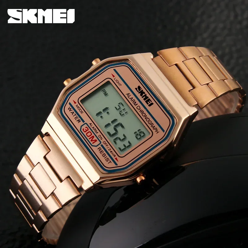 SKMEI 1123 Luxury Digital Watch for Men Retro Stainless Steel Electron Sports Waterproof Wristwatches Clock 1328 Reloj Hombre