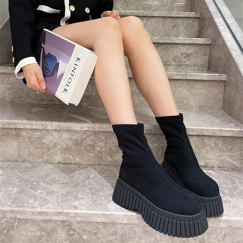 Pink Ladies Elastic Boots New Shoes Slip on Fashion Women Sock with Wedges Shoes Footwear Platform Botines Mujer Ankle Boots