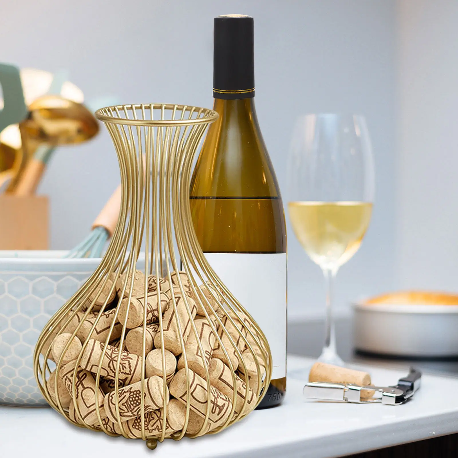 Wine Cork Storage Container Metal Stopper Holder Basket Elegant Simple Lines Sturdy for Home Office Bar Decoration Cork