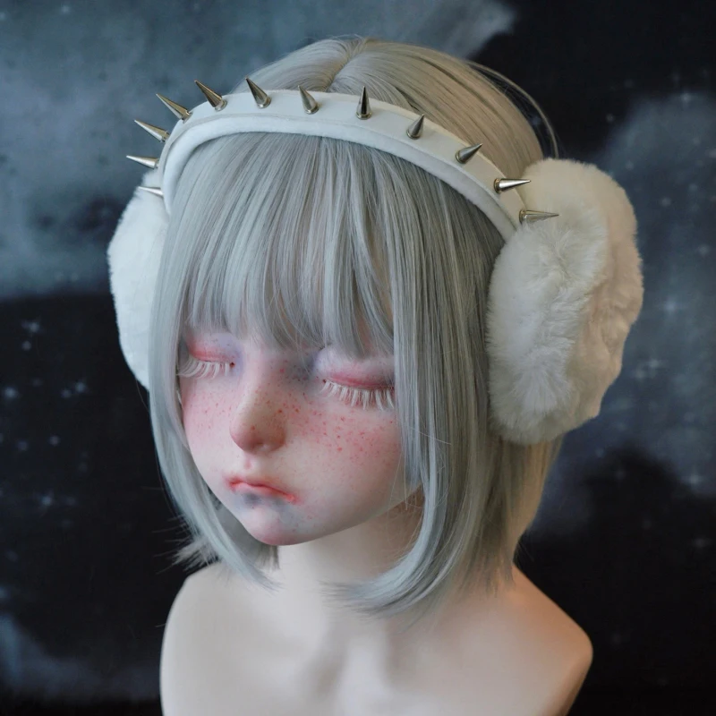 original handmade imitation leather rivets plush earmuffs headband autumn winter warm white earmuffs