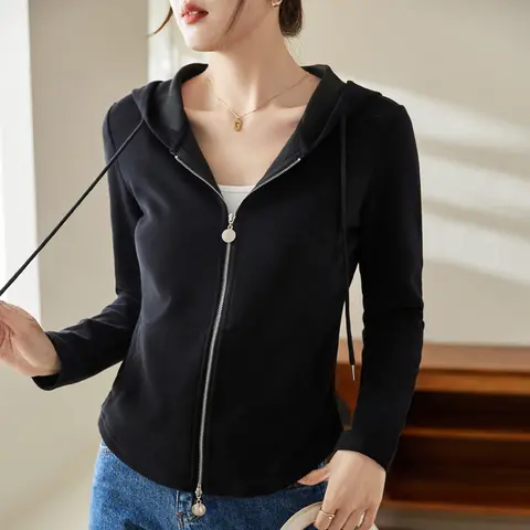 Korean style dark gray long sleeved women's autumn new high-end cotton fashionable plus size hooded double zipper cardigan jacke
