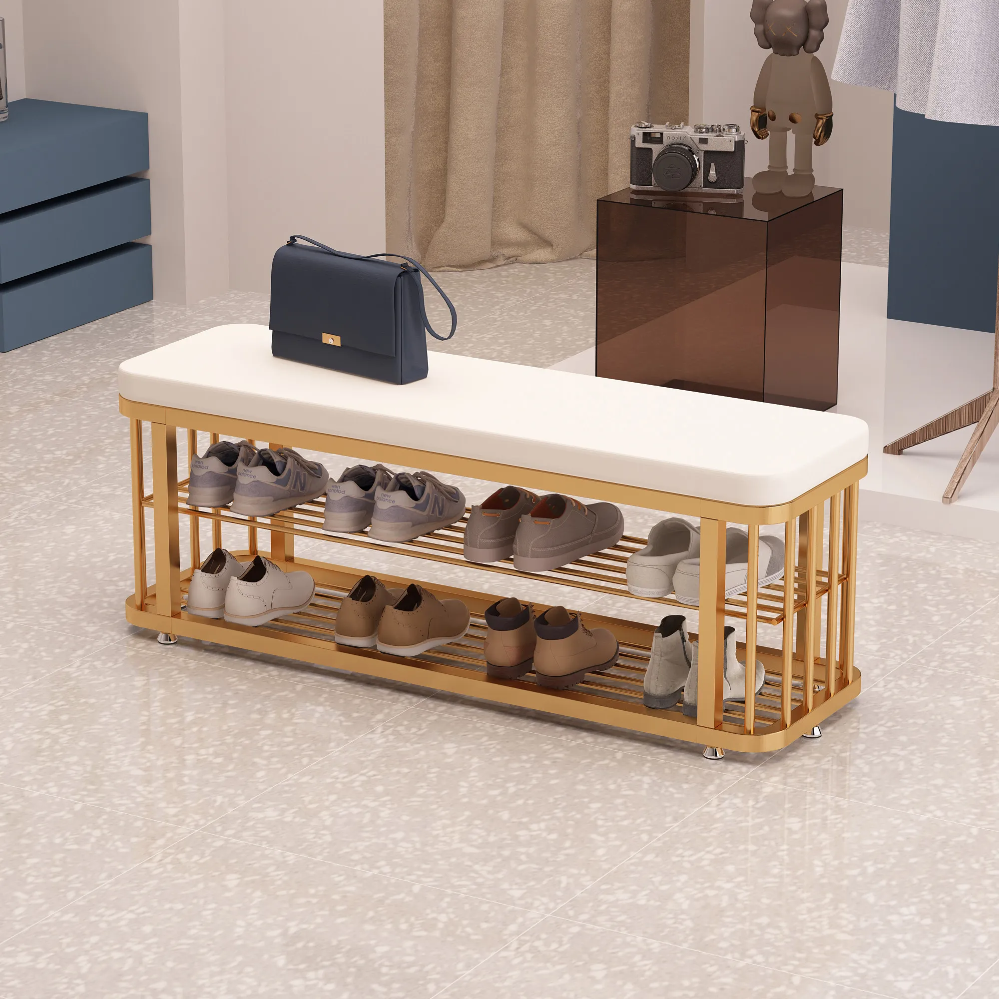 

Пуфик для переобувания в стиле легкой роскоши, высококлассный, с функцией сиденья и встроенной тумбой для обуви, для прихожей, длинный, прикроватный.