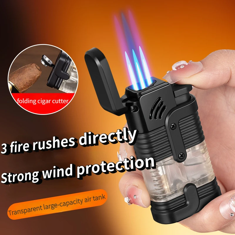 

New Men's Three-way Windproof Blue Flame Lighter with Transparent Gas Chamber and Built-in Cigar Cutter Gas Cigarette Lighter