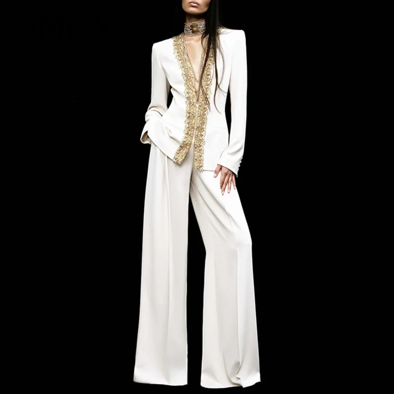 

QMQA Fashion Women's Embroidery Sequin Beaded 2 Piece Set Long Sleeve V Neck Jacket Coat High Waist Pants Sets 2025 New QM847