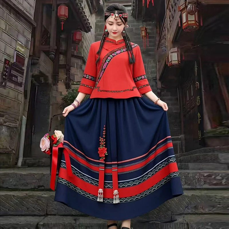 Nuevo Conjunto de Dos Piezas de Algodón y Lino para Mujer 2026, Estilo Tradicional para Fotografía y Actuaciones, Traje Étnico para Escenario