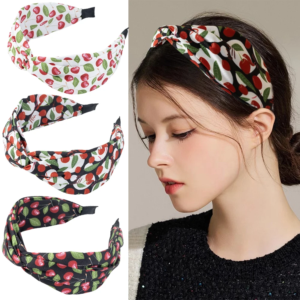 Cherry Print Headband Fashion Wide Cross Hairband Women Elastic Bow Hair Hoop Bands Bezel Top Knot Makeup Girls Hair Accessories