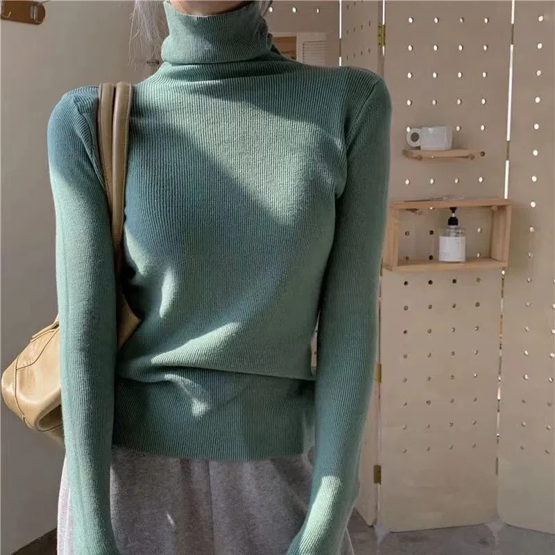 2022 New Women Pullover Turtleneck Sweater Autumn Long Sleeve Slim Elastic Korean Simple Basic Cheap Jumper Solid Color Top