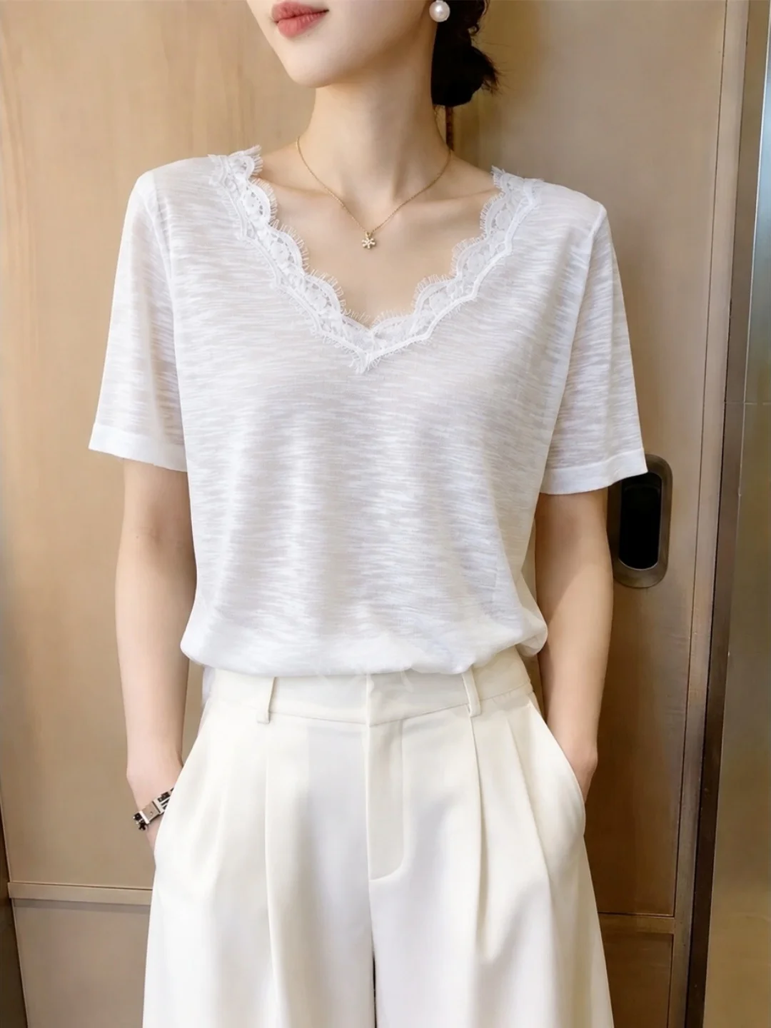 Casual Short Sleeve T-Shirt Lace Splice V-Neck Hoodie Design Autumn 2026 Women's Fashion Korean Style Straight Cut Silk Top