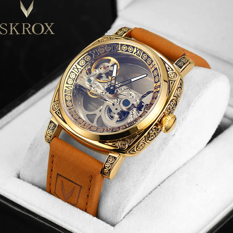 SKROX Original Transparent Skeleton Automatische Uhrwerk Mechanische Mann Gold Uhr Top Marke Luxus Seltene Elegante Armbanduhr reloj