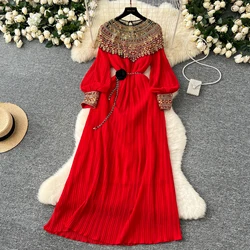 Elegant Long Sleeves Vintage O-neck Chic Embroidered Beads Sequin 3D Floral Slim Pleated Dresses Evening Autumn Women Clothing