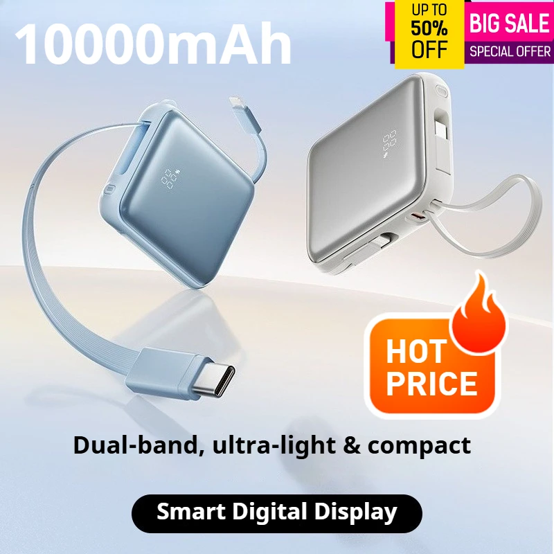 

New 10000mAh power bank fast charging 22.5W portable power bank with cable, compact and portable power bank