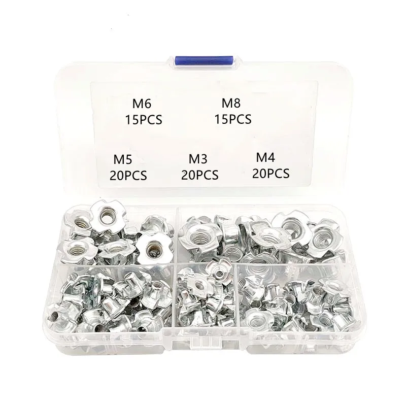 90Pcs M3-M8 Four Prong T-Nuts Kit, Blind Insert Captive Nuts for Wood Furniture, Assorted Woodworking Hardware