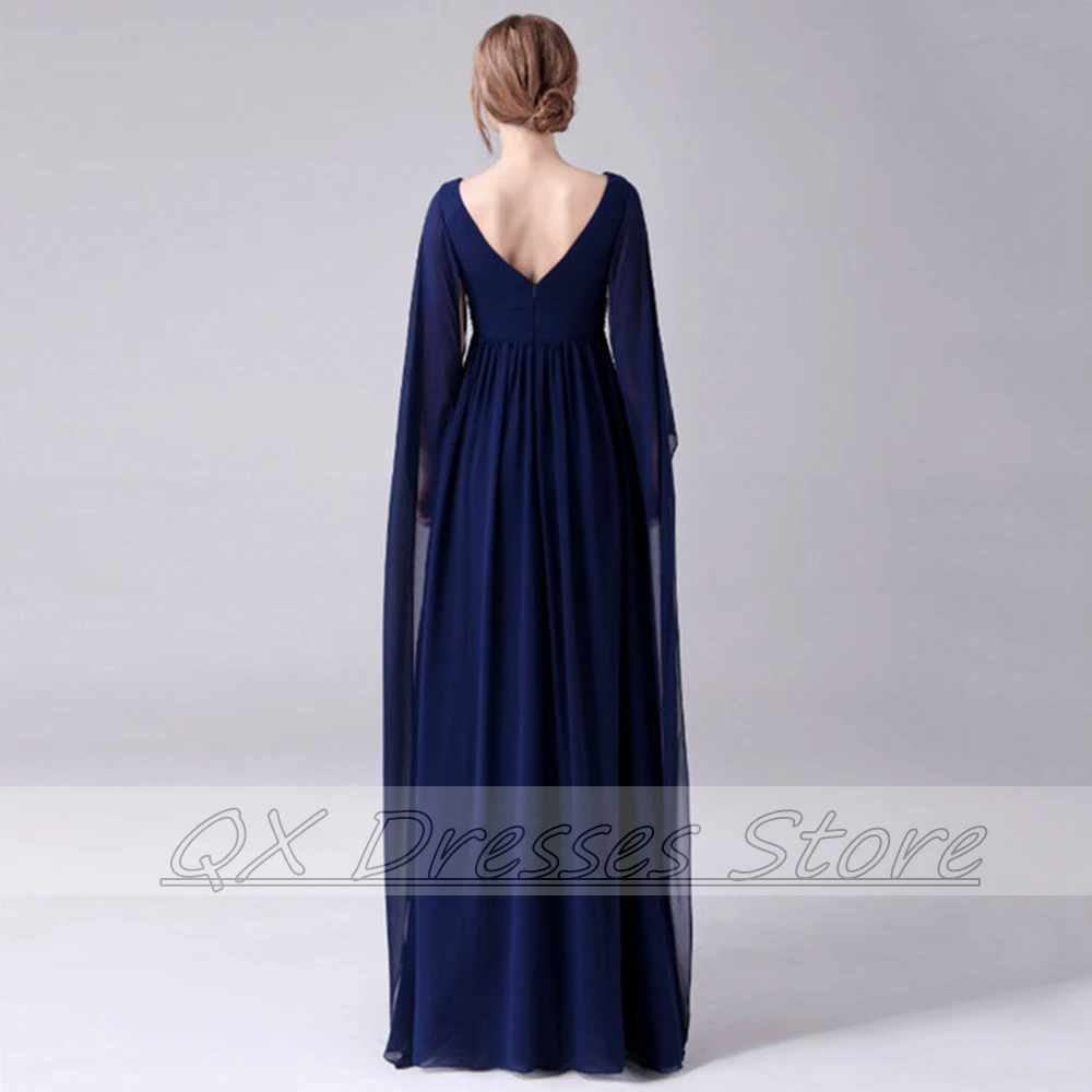 Vestido elegante personalizado de gasa azul marino, corte en A, para madre de la novia, para boda, cuello en V, cuentas, manga larga, cintura imperio