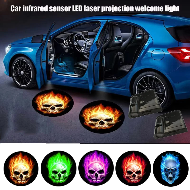 2Pcs Wireless Skull Flame Logo Car Door Welcome Light LED Ghost Shadow Projector Lamp Universal Auto Courtesy Light