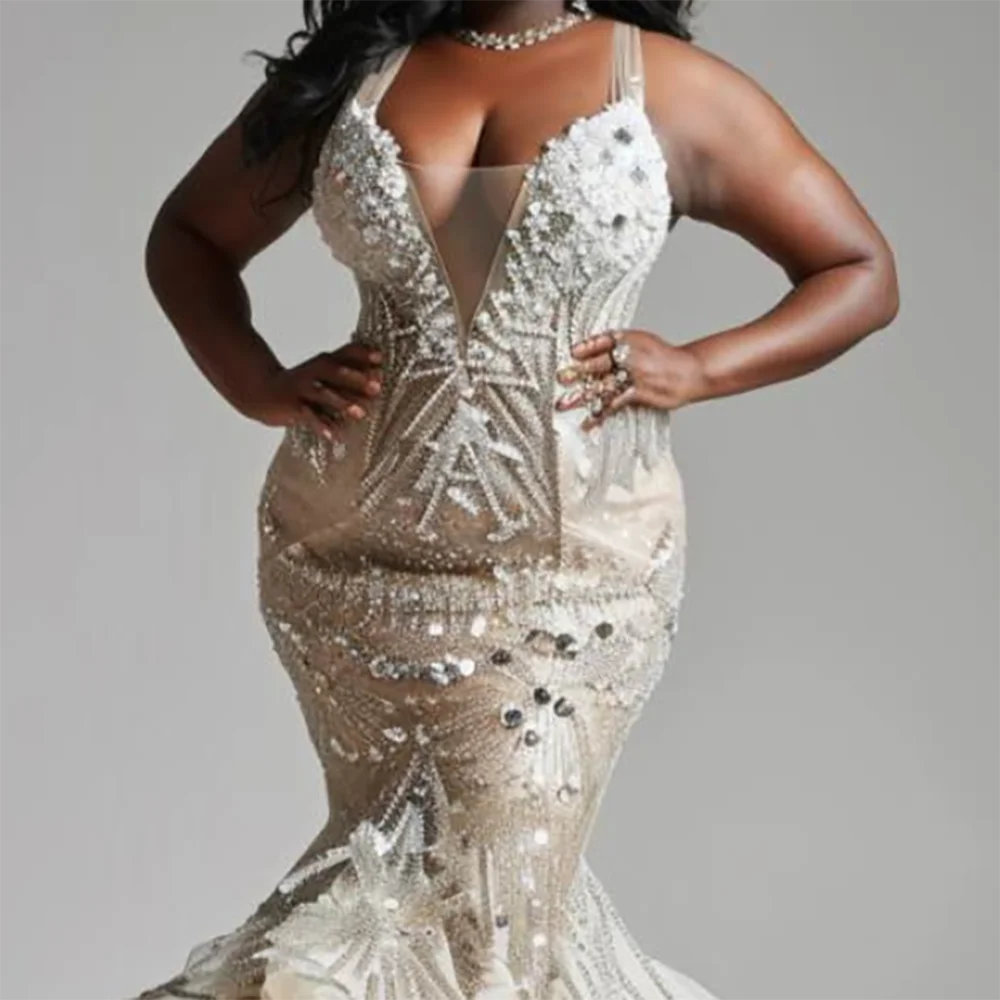 Luxury V-Neck Beading Sleeveless Pleat Mermaid Bride Wedding Dresses Bridal Gowns Customized