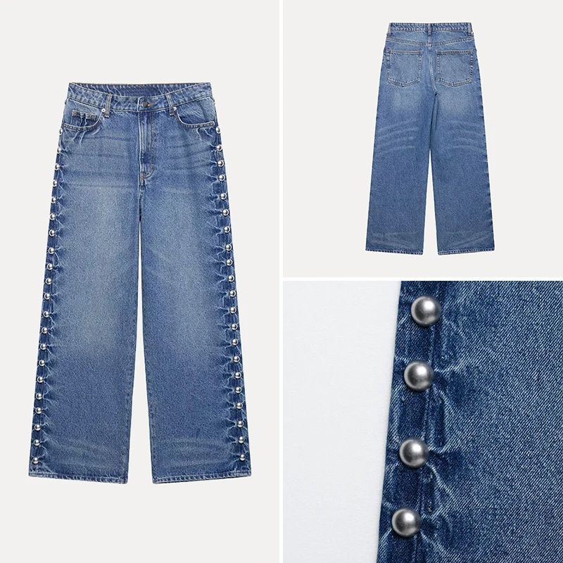 

Faionable Metal Rivet Decorated Straight Leg Jeans Women's Summer New Arrival Casual Wear All Seasons Comfortable Fit Blue