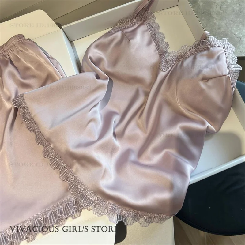 Summer New Suspender Pajamas Set Women's Lingerie Home Clothes Sexy Lace Trim Strap Top&shorts Pijamas Suit Silk Satin Sleepwear