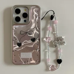 Korean INS Electroplated Frame Ripple Texture Wrist Chain Case for iPhone 15 14 13 11 Pro Max Plus Back Cover for 12 Pro Max
