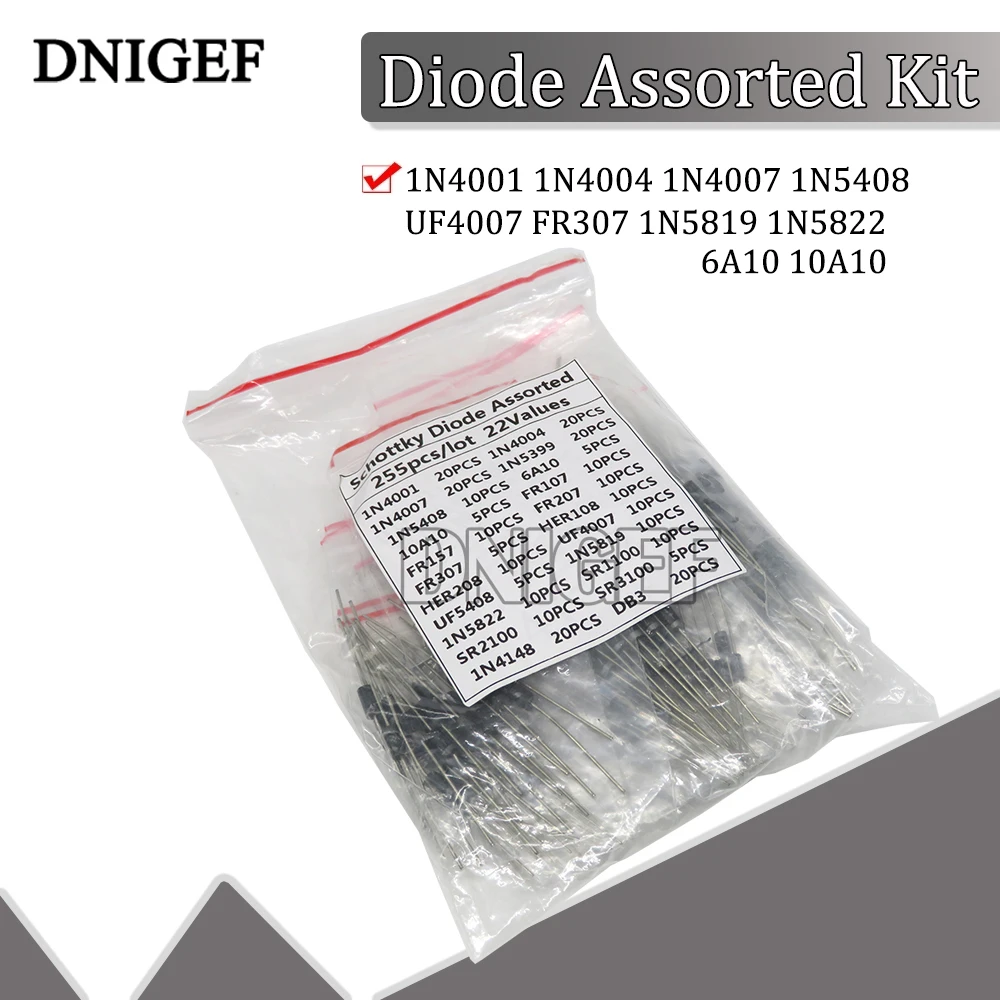 255PCS 1N4001 1N4004 1N4007 1N5408 UF4007 FR307 1N5819 1N5822 6A10 10A10 Fast Switching Rectifier Schottky Diode Assorted Kit