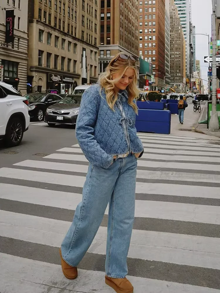 

Grid Lapel Jackets Women Fashion And Leisure Versatile Flip Collar Long Sleeve Quilted Cowboy Short Coat Casual Street Outerwear