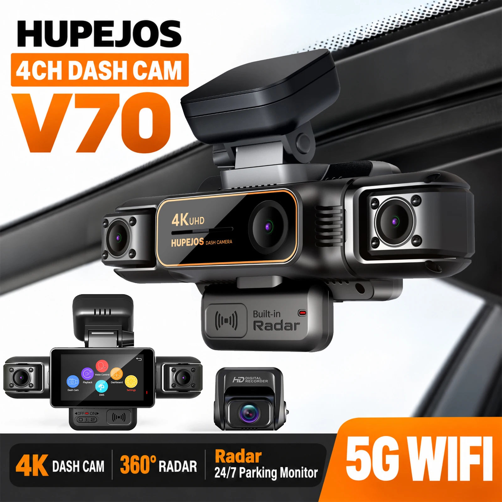 Hupejos 4K 360° Dash Cam 4CH Built-in Radar Super Night Vision Supercapacitor Car DVR With Voice Contro 24H Parking Mode