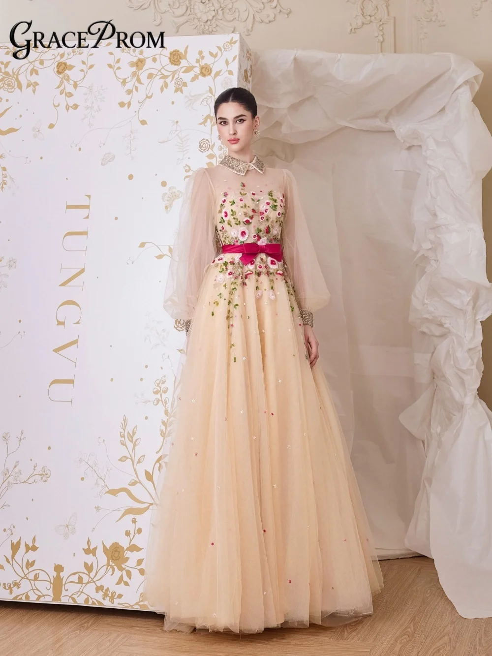 

Romantic Collared Puff Sleeve Tulle Evening Gown 3D Floral Red Bow Flowy Floor Length Party Dress For Wedding Guests فساتين سهرة